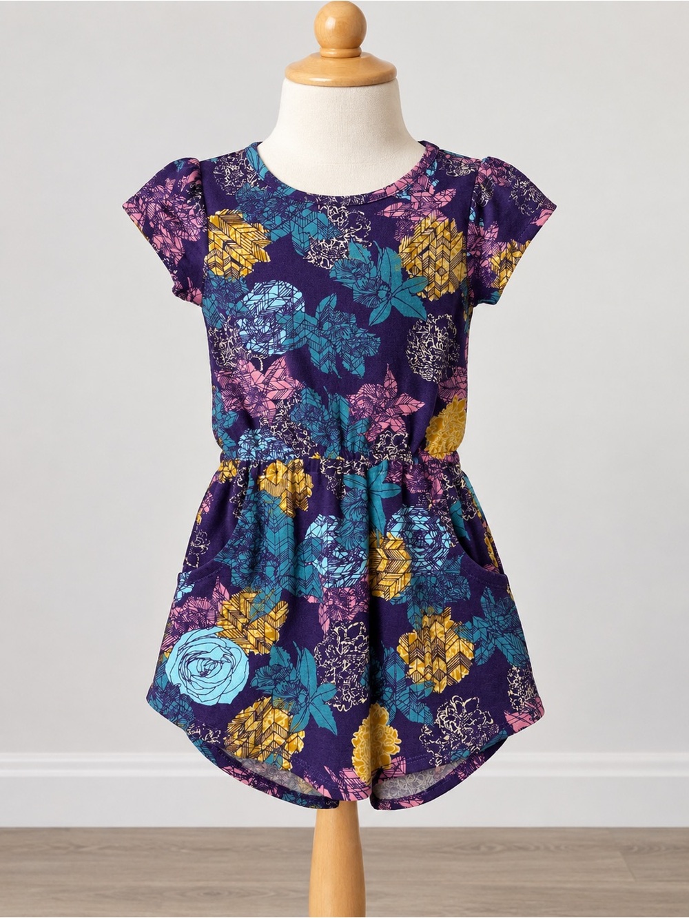 LuLaRoe Size 2 Purple Floral Mae Dress with Teal, Pink, Yellow Accents